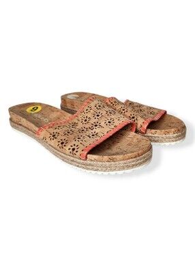 NEW Jack Rogers Floral Cutout Cork Slide Sandals with Coral Trim Women's Size 9